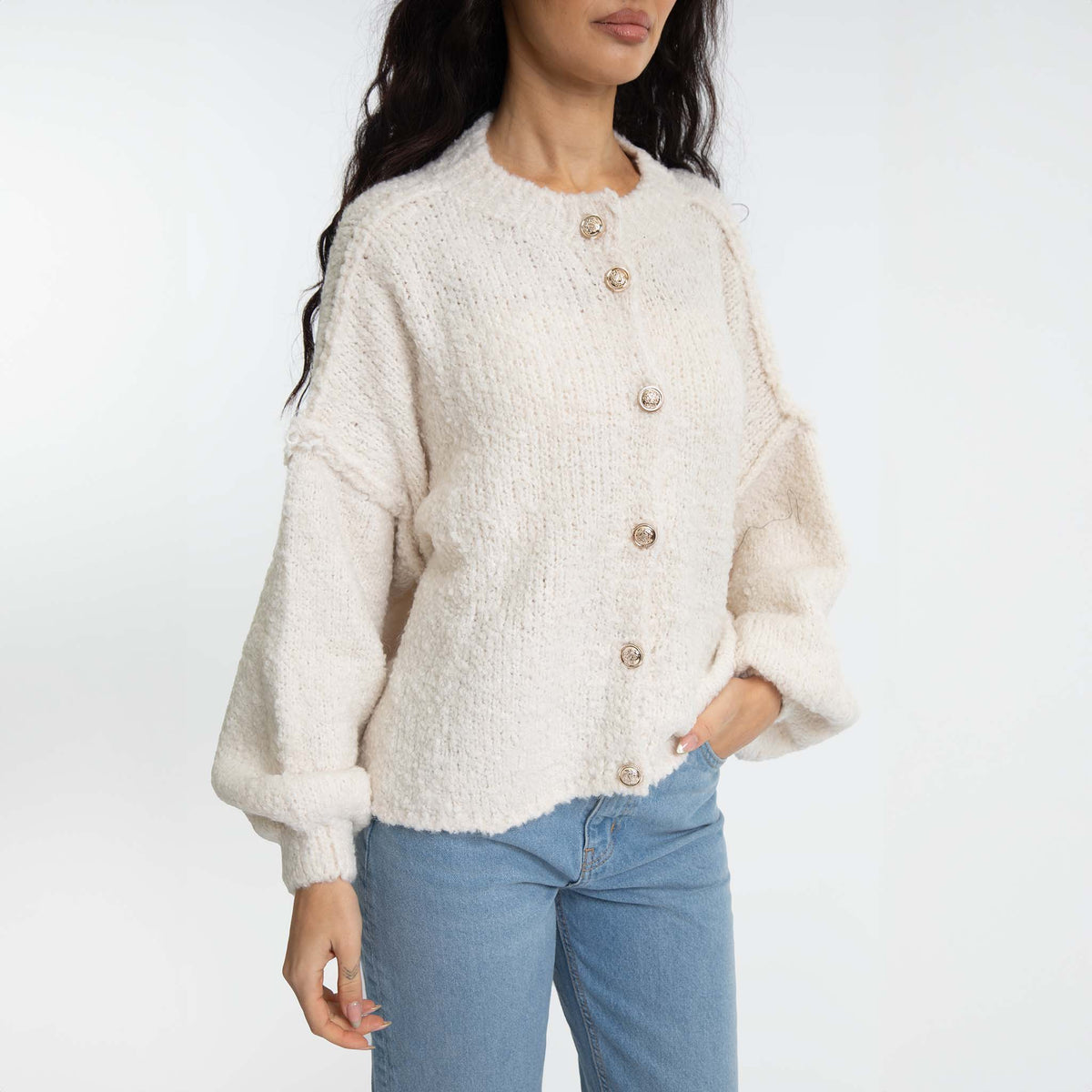 Oversized Short Cardigan with Gold Buttons