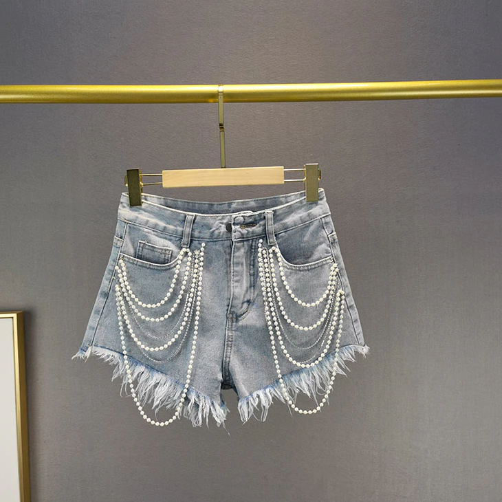 Pearl Tassel Denim Shorts