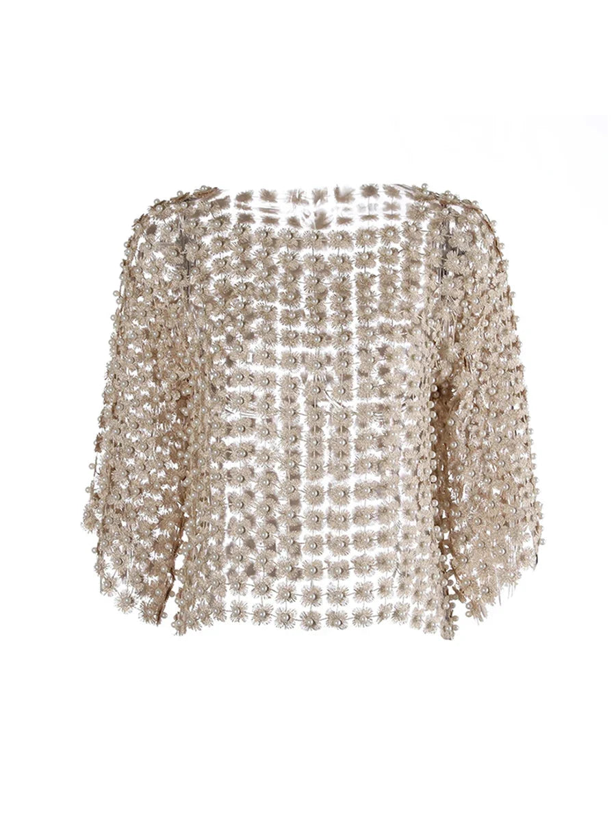 Hollow-Out Patchwork Pearl T-Shirt