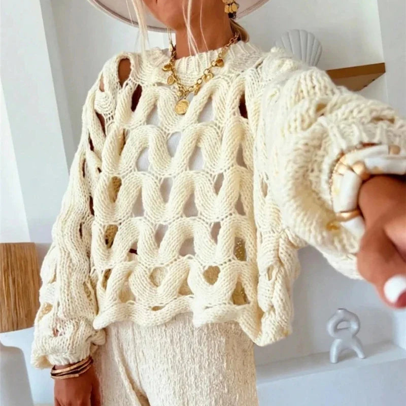 Hollow-Out Long-Sleeve Knit Sweater