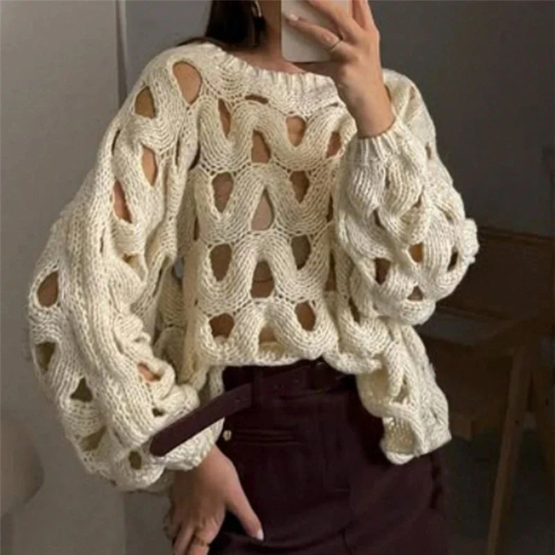 Hollow-Out Long-Sleeve Knit Sweater