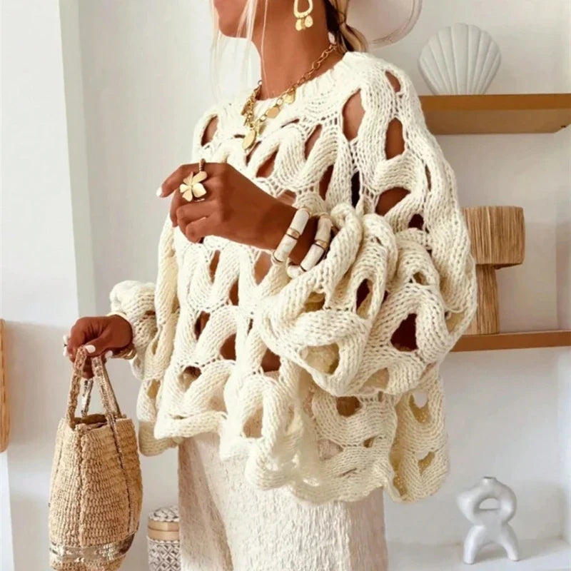 Hollow-Out Long-Sleeve Knit Sweater