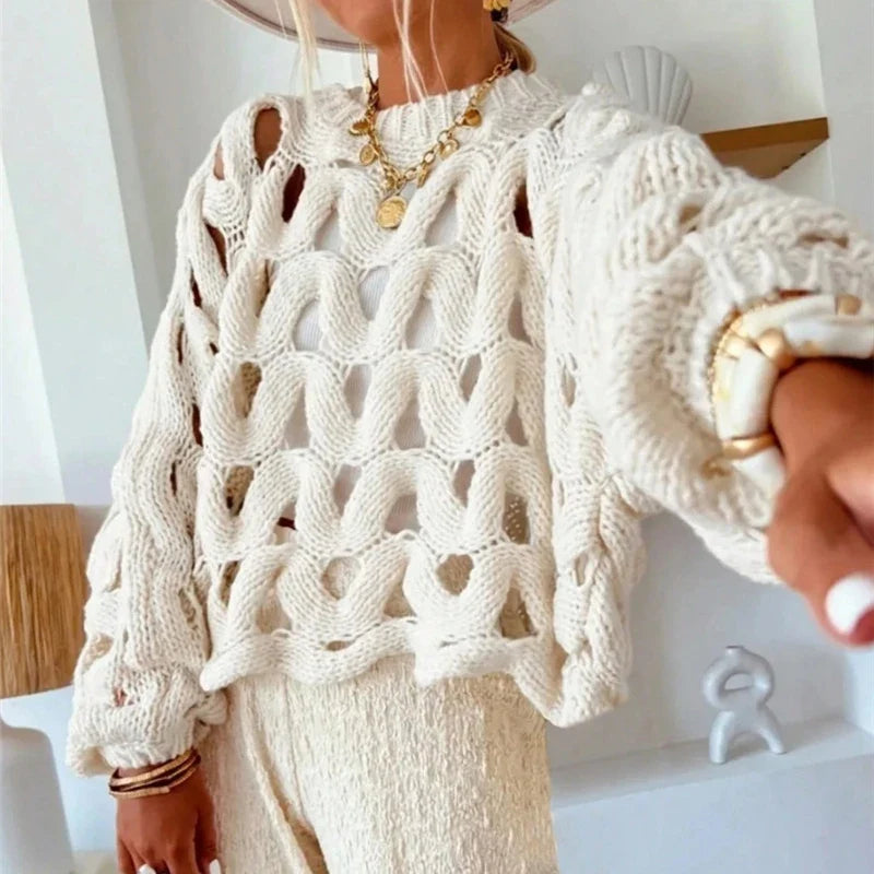 Hollow-Out Long-Sleeve Knit Sweater