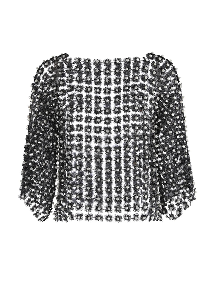 Hollow-Out Patchwork Pearl T-Shirt