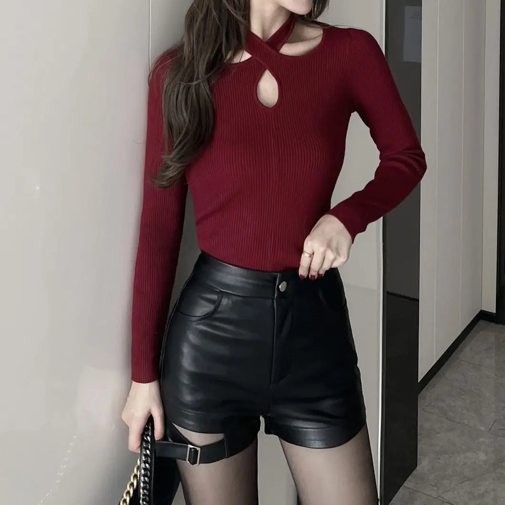 Pantalones cortos de cuero de mujer de cintura alta