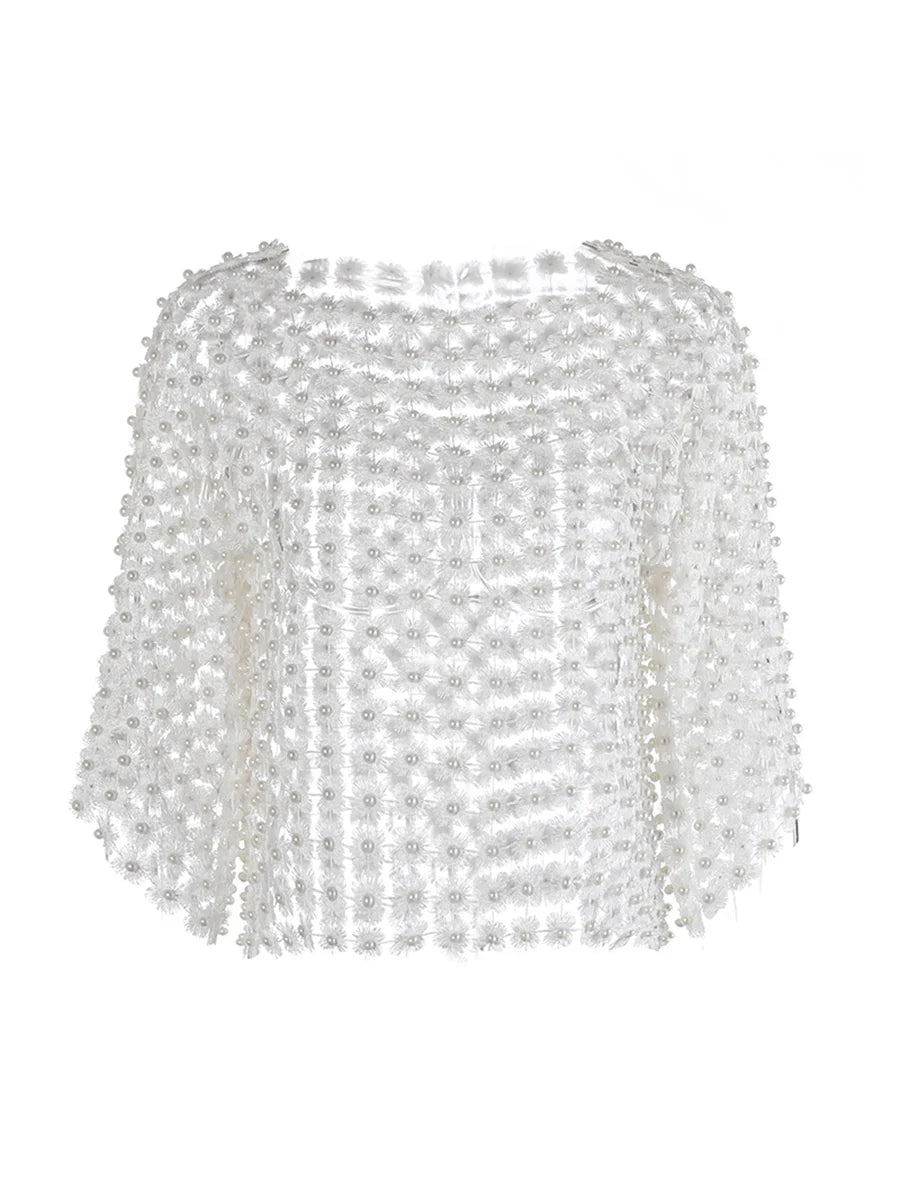 Hollow-Out Patchwork Pearl T-Shirt