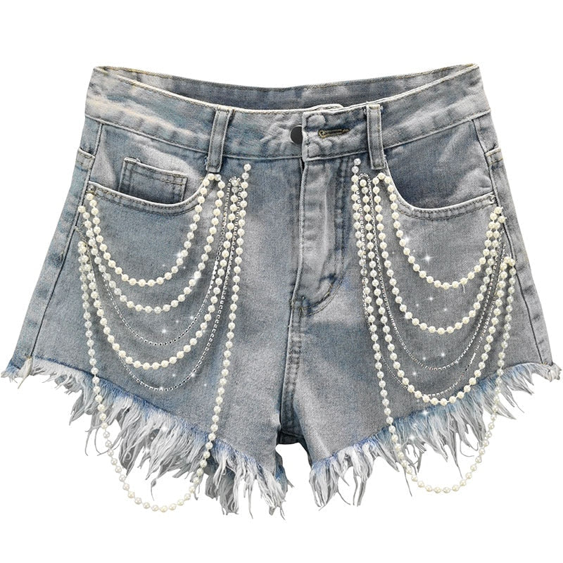 Pearl Tassel Denim Shorts