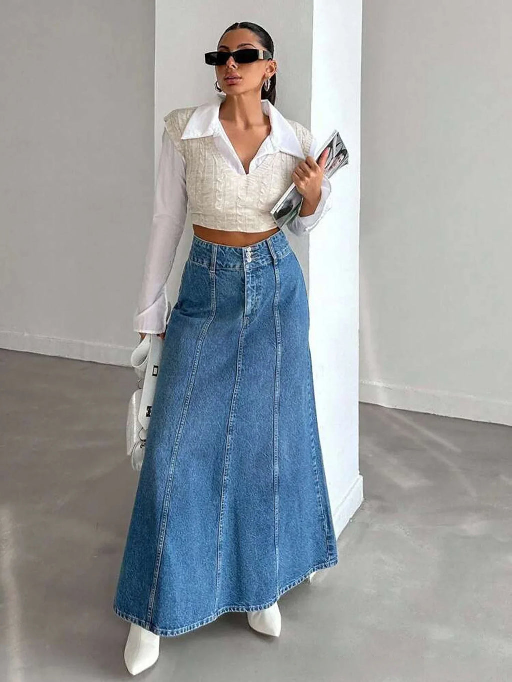 Falda midi larga de mezclilla