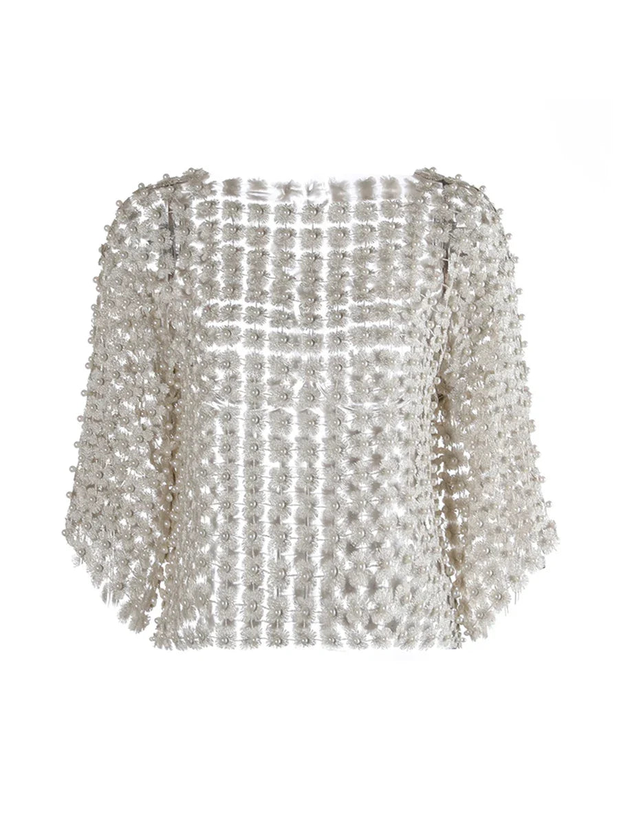 Hollow-Out Patchwork Pearl T-Shirt
