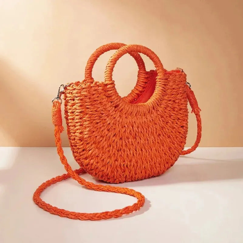 Half-Moon Straw Rattan Crossbody Bag