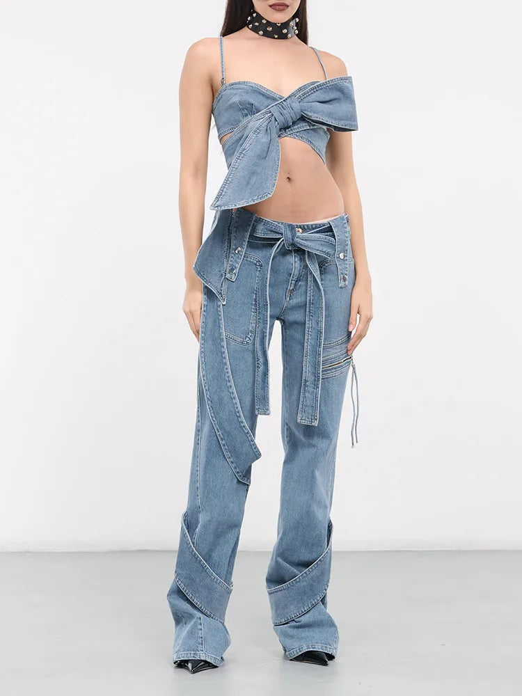 Top de mezclilla con cordones y lazo