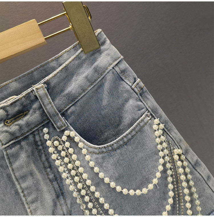 Pearl Tassel Denim Shorts