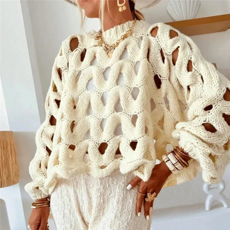Hollow-Out Long-Sleeve Knit Sweater