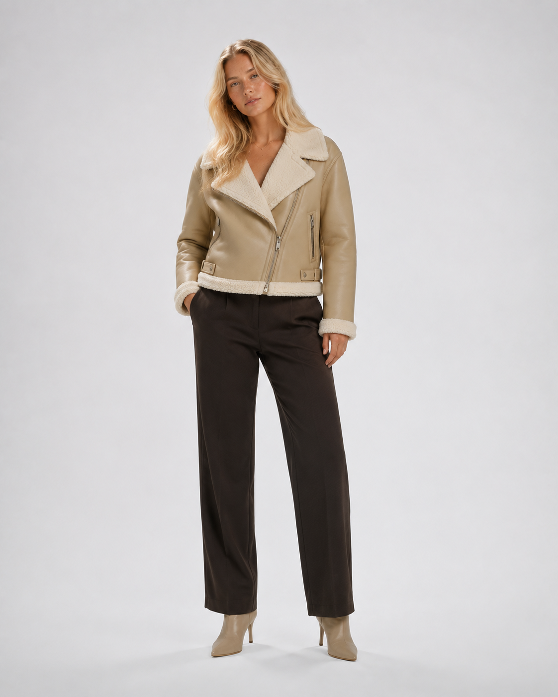 Leather-Look Bomber Jacket with Shearling — Women's