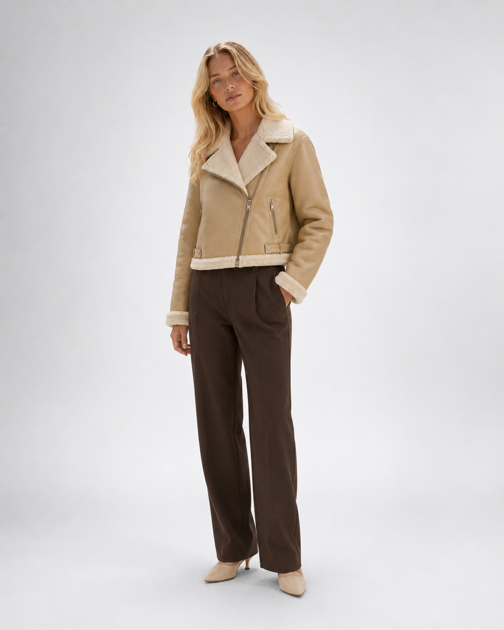 Leather-Look Bomber Jacket with Shearling — Women's